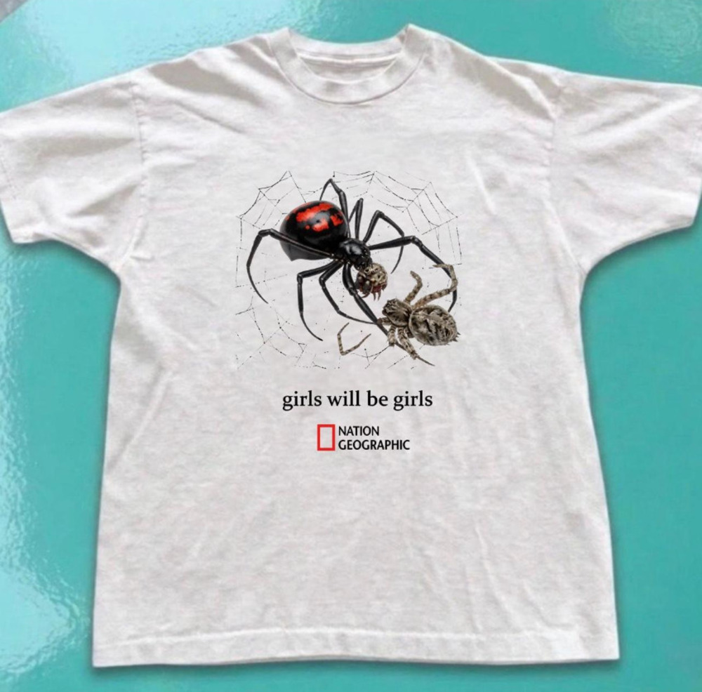 Girls Will Be Girls Graphic Tee With Black Spider And Red Markings On A Web